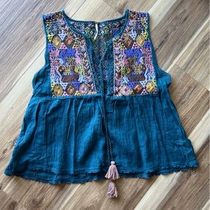 Women’s Free People Embroidered Tank Top Size Medium M Blue